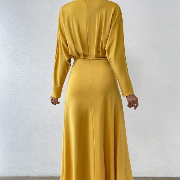 Yellow Preppy Womens Solid Ruched Front Ruched Waist A-line Dress - Picture 2 of 4